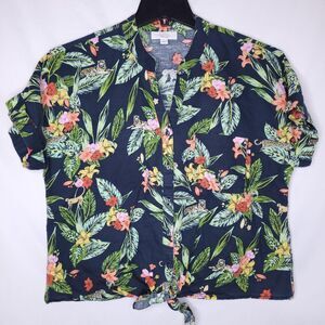 Charter Club Linen Top Large Floral Tropical Boxy Front Tie Luxury